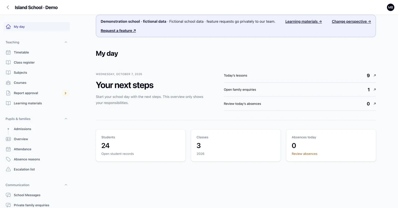 School Base Cloud: school office overview in English with fictional demo data